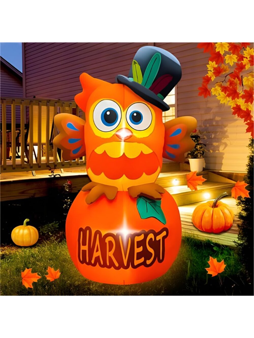 6 FT Thanksgiving Inflatables Owl on Pumpkin, LED Light Fall Inflatables - Picture 2 of 7